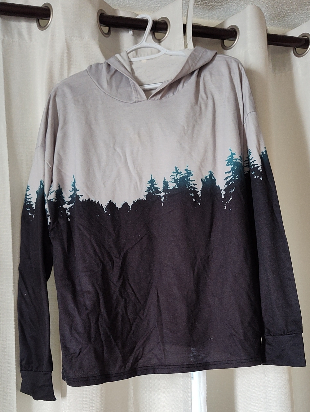 Tree Line Hooded Long Sleeve Shirt - Black and Light Gray